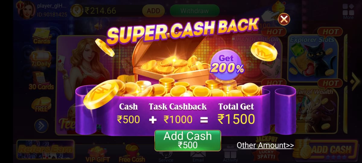 Super Cash Back In Teen Patti Master App